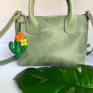 NEW! Cactus with Flowers Desert Vegan Leather Bag Purse Charm or Key Chain